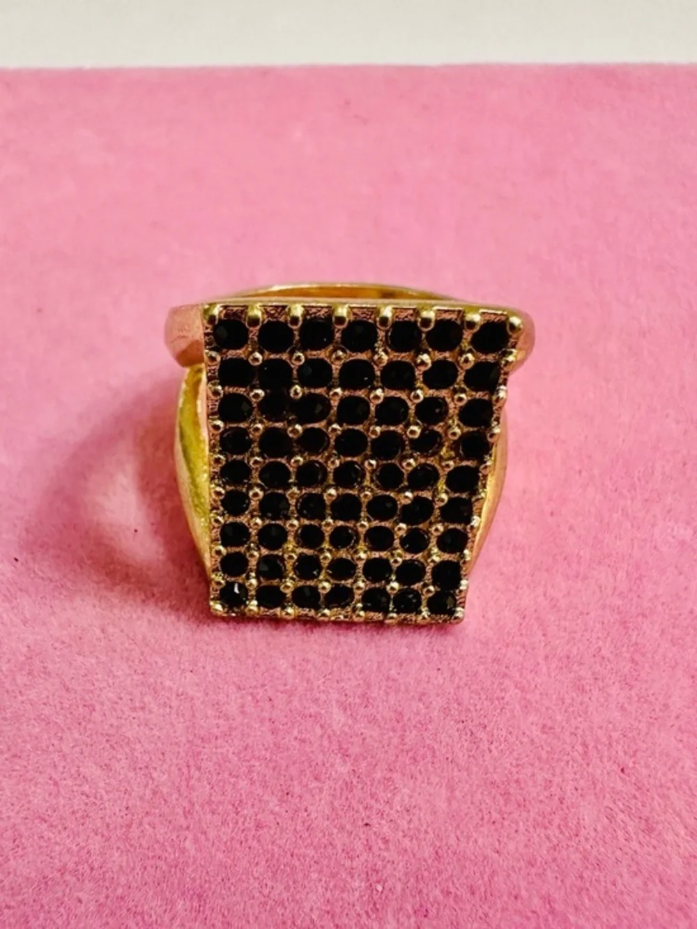 Gold Tone Black Crystal Square Statement Ring Size 9